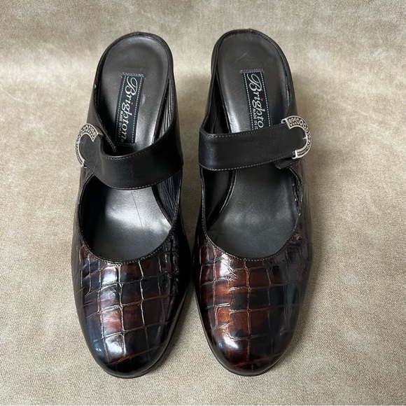 Brighton BEAU Bronze Patent Leather Croc Shoes Mules Heels Sz 4 - Picture 1 of 9